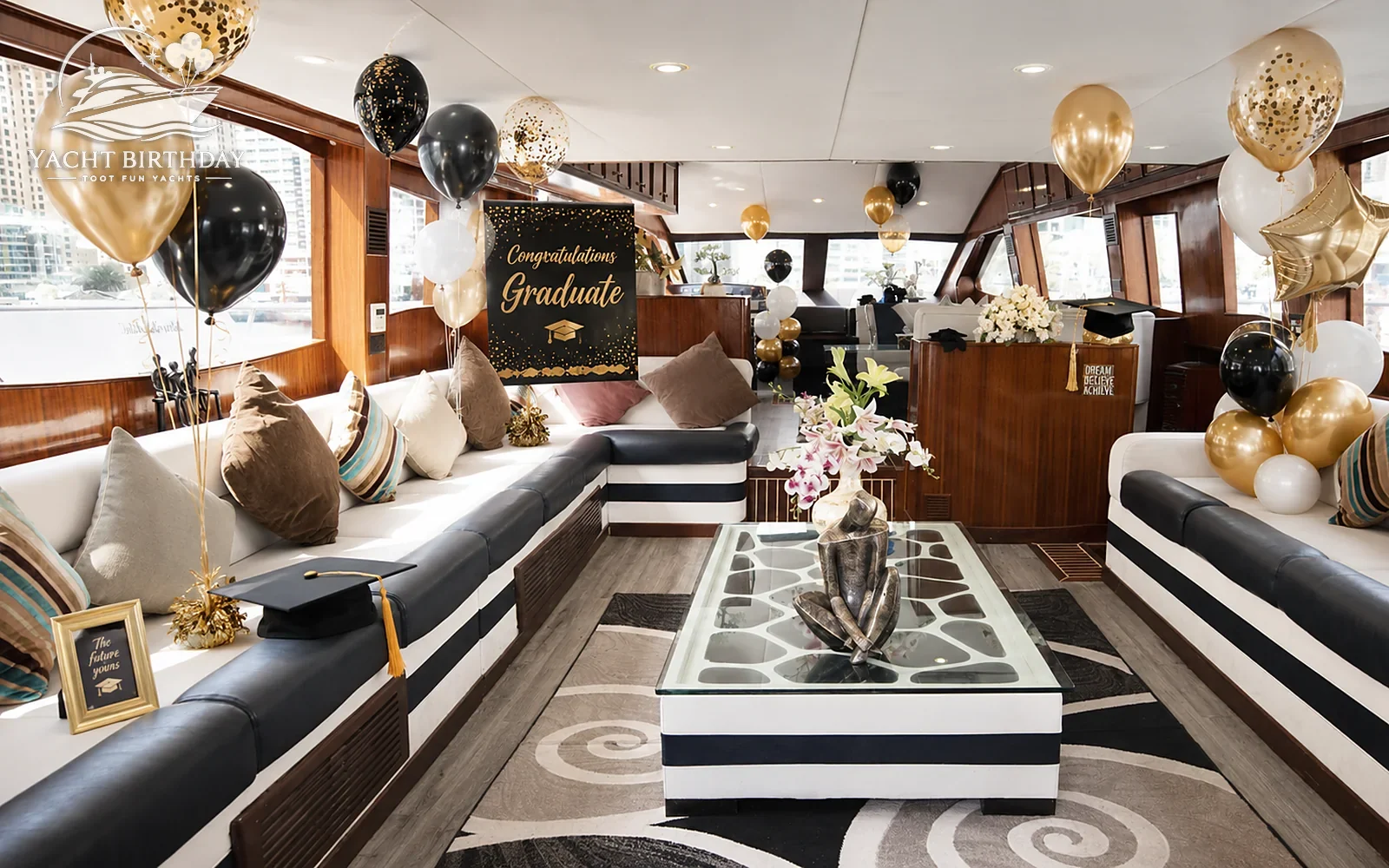 Graduation gold balloons yacht dubai