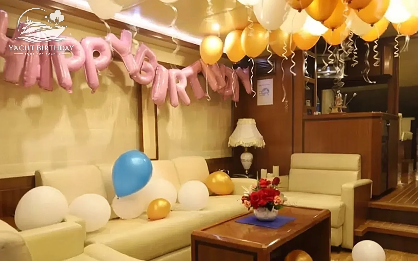 Happy birthday balloons yacht interior dubai