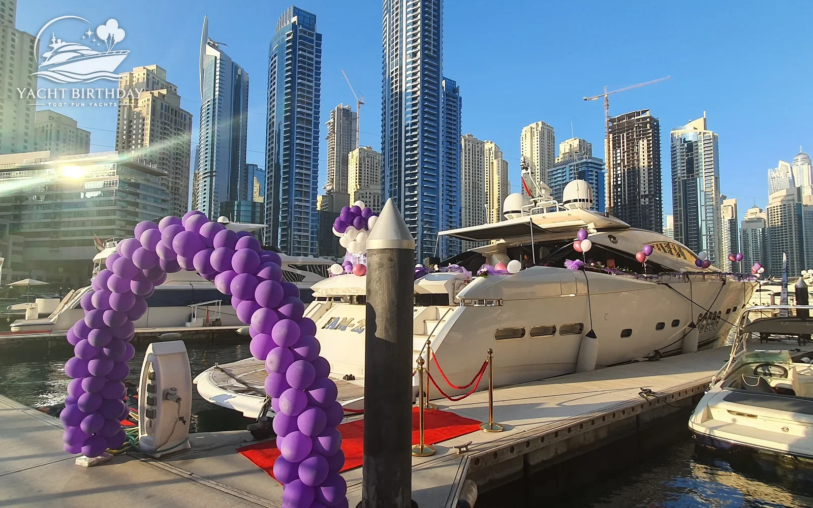 Purple balloon arch dubai marina dock