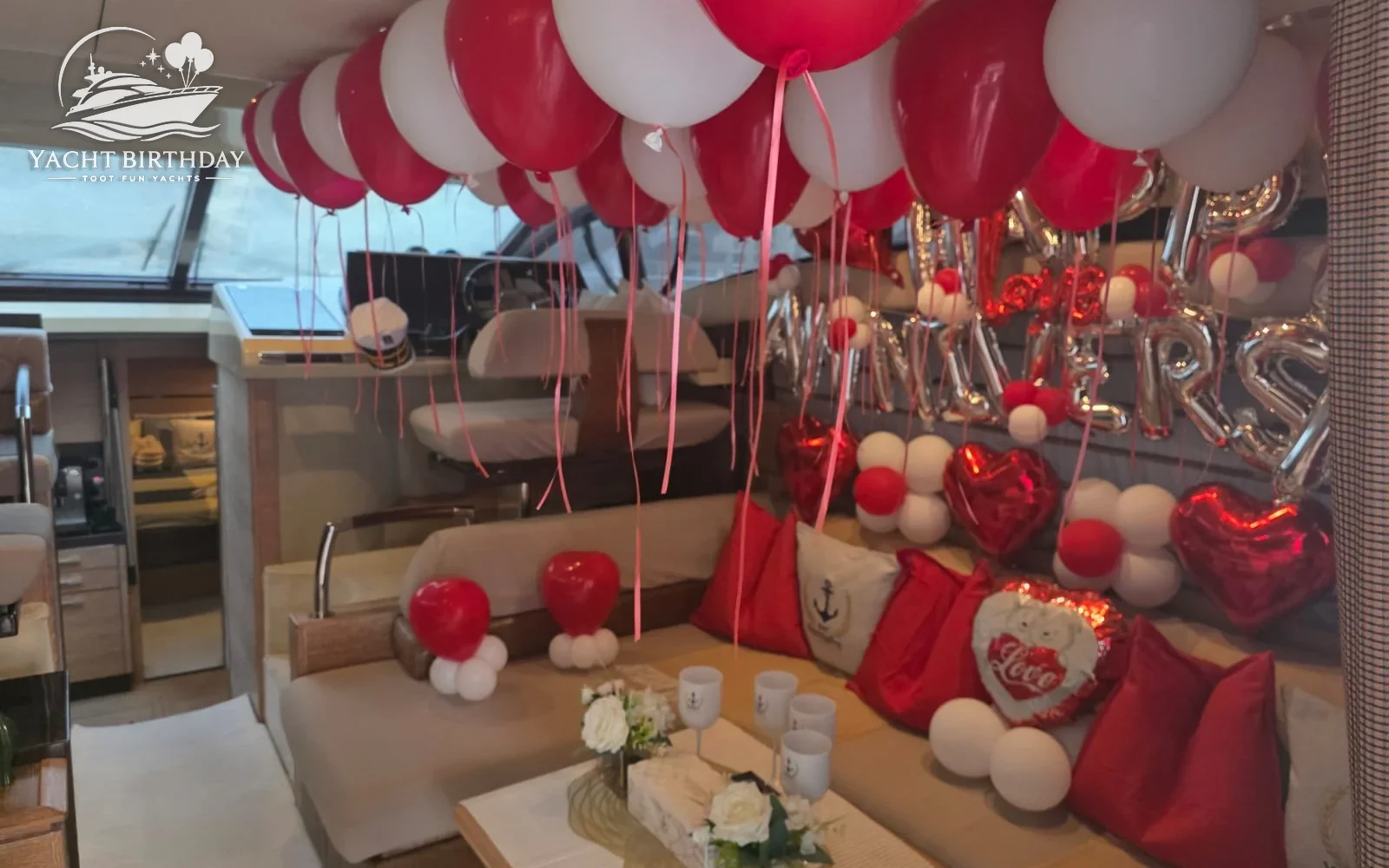 Red balloons hearts romantic birthday yacht