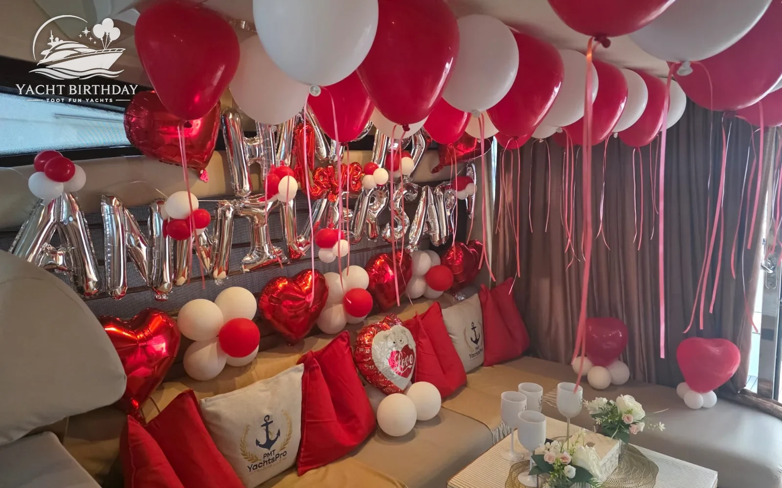 Red birthday decor yacht dubai