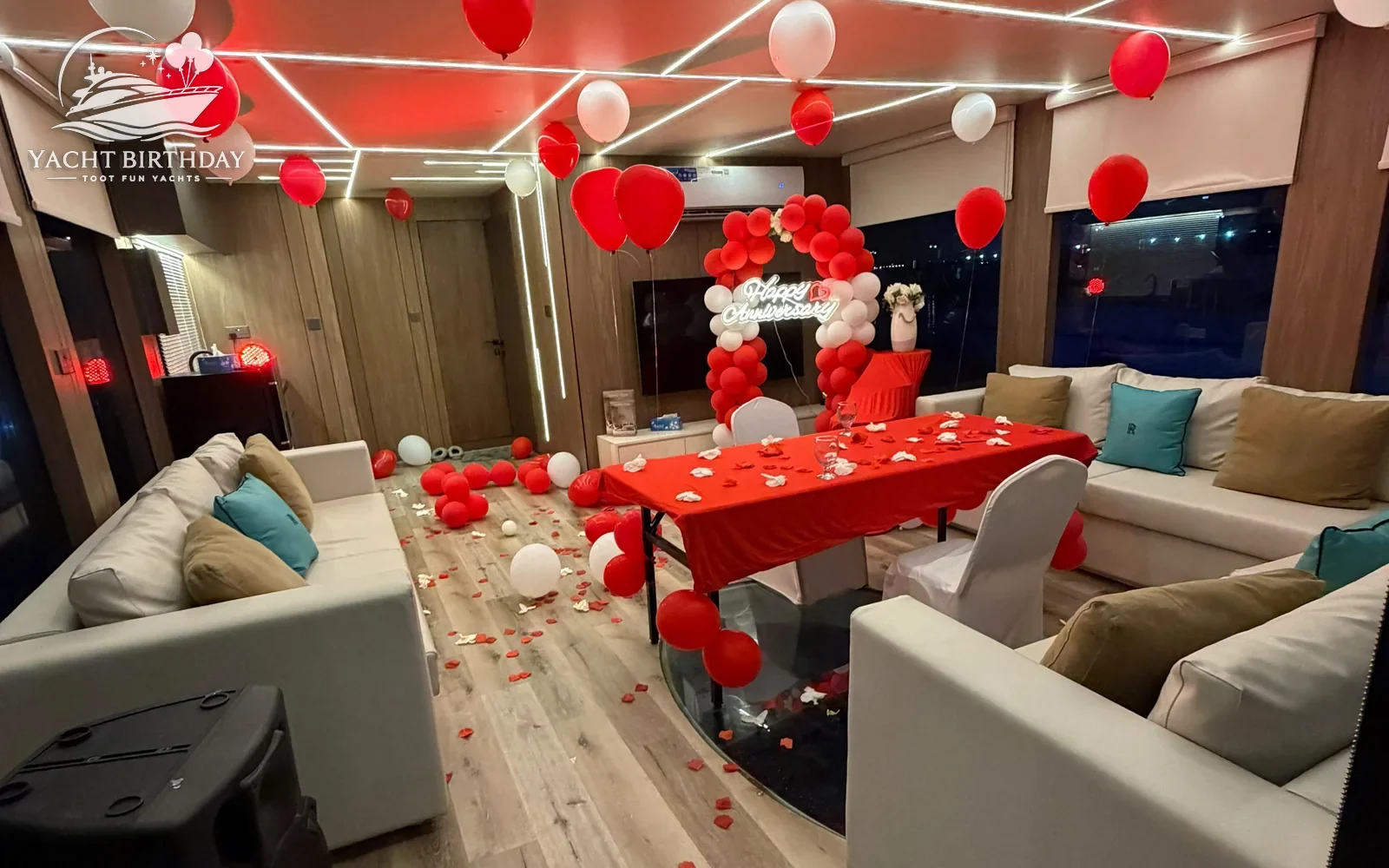 Red decorated yacht lounge birthday