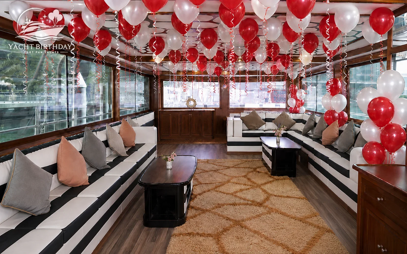 Red white balloon yacht lounge birthday