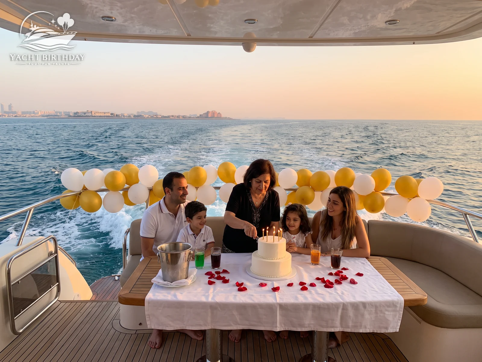 Balloon decorations and a birthday cake on board a yacht in Dubai