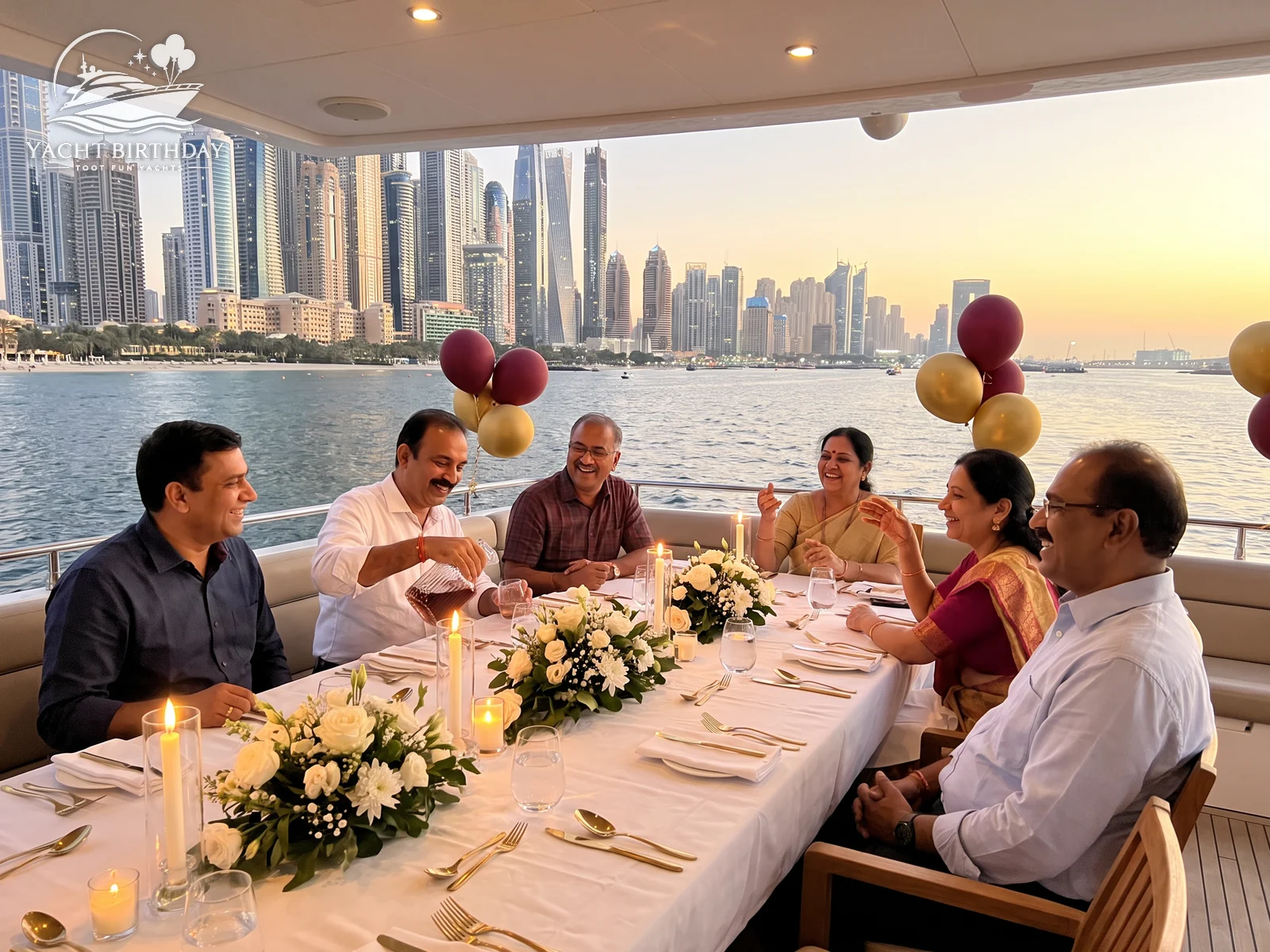 Luxury birthday dinner table on the yacht deck in Dubai Marina