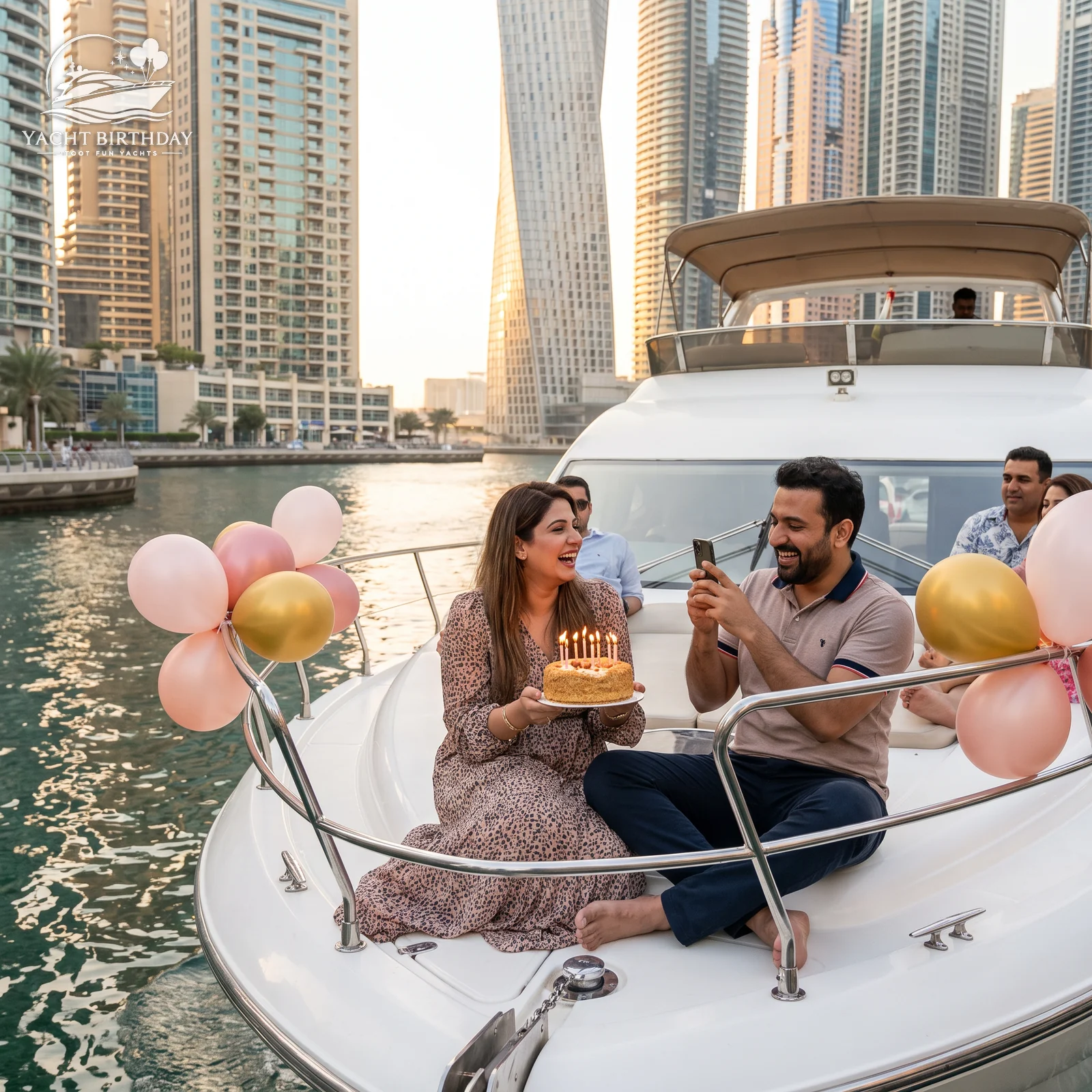 Luxury birthday dinner table on board a yacht in Dubai Marina