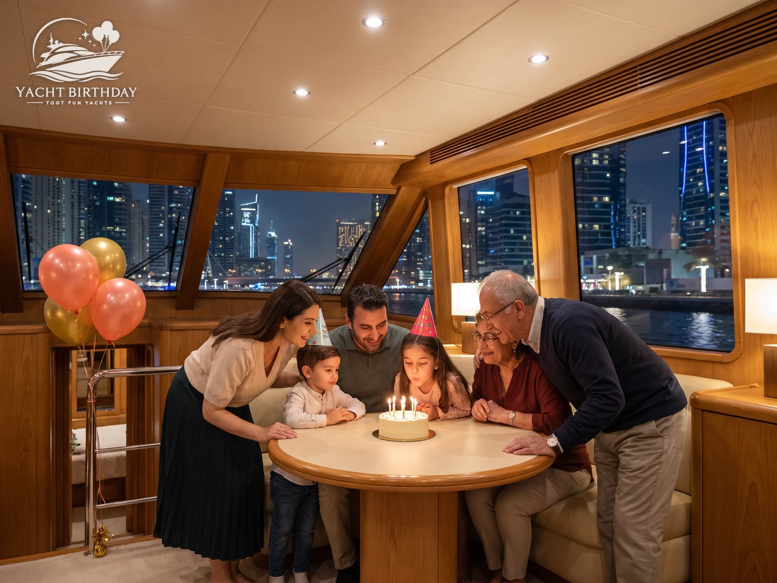 Birthday balloon decorations on the yacht deck in Dubai