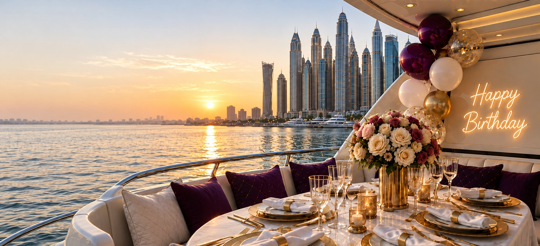 Yacht birthday party in Dubai Marina with gold and plum decorations at sunset